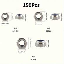 150pcs Stainless Steel M4/M5/M6 Nylon Anti-Slip Self-Locking Nuts, Hexagonal Screw Caps For Construction, Maintenance And Installation, Hexagonal Screw Caps