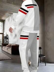 Conjunto de sudadera de cuello redondo a rayas negras y rojas para hombres, con diseño de patchwork, casual y de moda, adecuado para actividades al aire  deportes, ropa de otoño