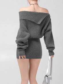 韩式极简露肩修身针织毛衣连衣裙 - 灰色 - 查看 3