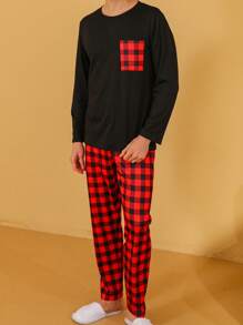 2pcs Men's Sleepwear Set, Long Sleeve Top And Long Pants, Round Neck Plaid Minimalist Couple Pajamas, Suitable For All Seasons, Fall Clothes