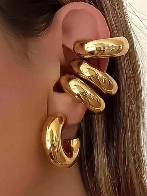 2/4pcs Exaggeration Fashion European And American Hip-Hop Style Gold-Color Big C-Shaped Clip-On Hoop Earring Set