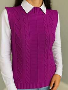 Women's Knitted Vest Braid Max Vest Overlay Knit Fashion Blogger - 玫瑰紅 - 查看 1