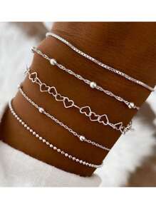 5pcs/Set European And American Popular Bracelets Combo, Women Heart Beaded Chain Personalized Bracelets, Perfect For Self-Wear Or Gift To Friends, Teachers Or Elders Valentines,Mom,Mother,Mother's Day,Gift