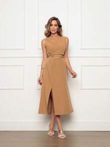 Cropped Tailored Set With Midi Skirt With Bow Tie - Màu nâu  Mocha - Xem 5