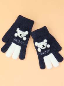 1 双儿童 6-12 岁保暖五指针织手套，可爱卡通设计，适合男孩和女孩，秋冬