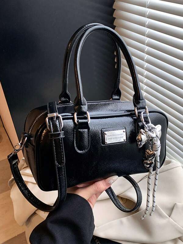 New Soft Leather Boston Tote Bag, Large Capacity, Detachable Plush Doll Accessory, All Season Commuting Handbag, Fashionable And Bowling Ball Shape, Comes With Charms