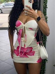 Women's Sexy Hot Girl Print Lace-Up Strapless Tube Top Hip-Wrapped Slim Short Skirt - 紅色 - 查看 2