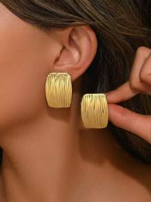 1 对不锈钢方形竖条纹几何夸张耳环，欧美复古高端奢华别致时尚耳环 - 金色 - 查看 7
