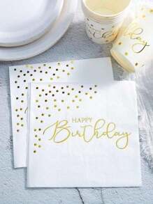 25pcs/Set Gold Happy Birthday Disposable Napkins, 13*13 Inches 2 Layers White Background Gold Foil, Party Napkins Elegant Metallic Gold Dot Foil Dessert Napkins Suitable For Dinner Celebration Party Supplies Decoration