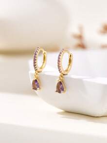 2 件法式风格小众高端彩色水滴形锆石女士耳环，女士珠宝，适合日常通勤、派对、节日、街头摄影等 - 紫色 - 查看 1