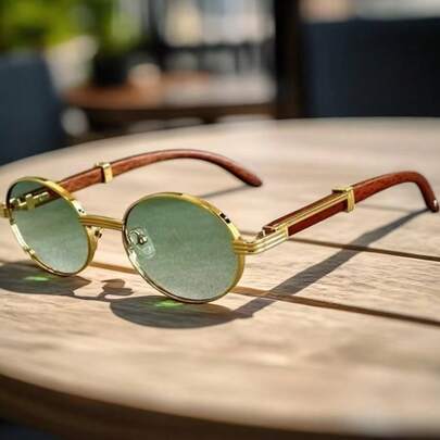新款复古仿木纹装饰时尚眼镜，椭圆形时尚欧美风格绿色眼镜