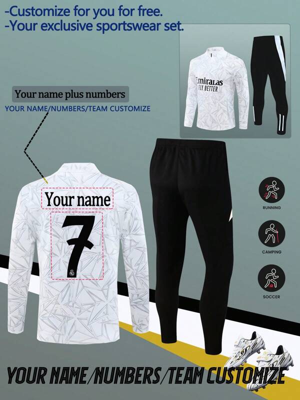 Individuell bedruckter Trainingsanzug mit Nummer und Namen für Kinder, Real Madrid FC, aus Polyester und Spandex mit leichter Dehnbarkeit, Rundhalsausschnitt, schwarz-weiß, unisex, geeignet für Fußballpartys, Wochenend-Lässig, Laufen, Yoga, Wandern - Herbst-/Wintersportbekleidung, passend für Outdoor-Aktivitäten