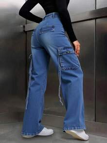 Pantalones jeans de campana de cintura alta azul, con múltiples bolsillos, estilo militar - trendy y prácticosLiso    Casual  Sexy  Fiesta  Elegante  Bohemio  Dulce    Cremallera  Bolsillo  Botón    Cargo  Noche de fiesta  Vacaciones  Diario  Formal y de noche  Trajes de aeropuerto  Concierto de música country  fiesta del té  Escenario y concierto    Cargo - Azul lavado oscuro - Ver 4