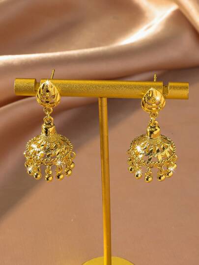 1 Pair Lively Shiny Gold-Plated Arabic Style Water Drop Beaded Tassel Earrings, Suitable As Daily Or Festival Jewelry Gift For Women In India, Middle East And Such Countries
