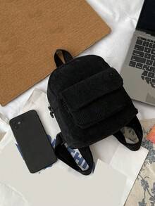 Balo vải nhung kẻ sọc màu trơn mới thời trang họa tiết da báo mini thể thao đa năng thường ngày cho nữ, thích hợp cho du lịch và phong cách đơn giản cho trường học - màu đen - Xem 5