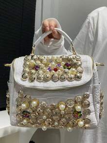 Ladies' Fashionable And Elegant Diamond Embellished Shoulder Bag, Luxurious Pearl Handbag, Large Capacity Banquet Crossbody Bag, Perfect For Daily Use And Dinners - 白色 - 查看 4