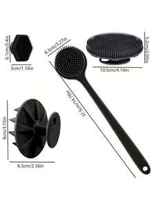 4pcs Silicone Body Brush Set - Includes: 1 Long Handle Back Scrubber, 1 Short Handle Shower Brush, 1 Hair Washing Brush And 1 Face Cleansing Brush. Non-Electric Handheld Body Brush/Face Brush, Non-Slip Handle, Strong Cleaning Power, Soft Bristles, Can Clean And Massage All Parts Of The Body. Cleaning Tool, Massage Tool - Black - View 12