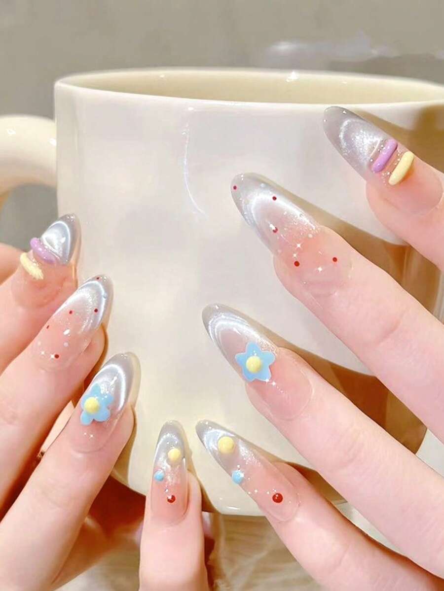 30 件杏仁形美甲全覆盖假指甲 3D 猫眼浮雕设计美甲套装，提升您的优雅气质，适合派对、舞会或日常佩戴