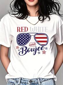 American Independence Day Print T-Shirt Cotton Casual Short Sleeve, Breathable, 220g - 白色 - 查看 1