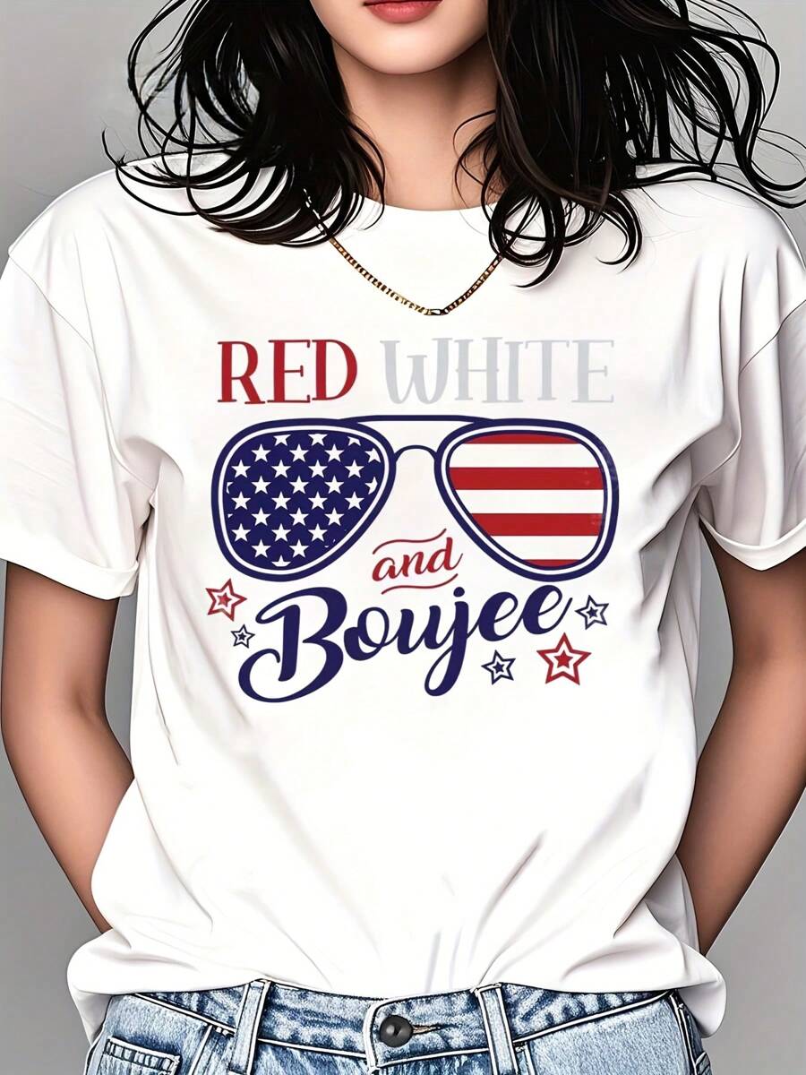 American Independence Day Print T-Shirt Cotton Casual Short Sleeve, Breathable, 220g - 白色 - 查看 1