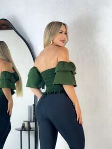 Simple Ruffle Hem Pleated Gathered - Army Green - View 2