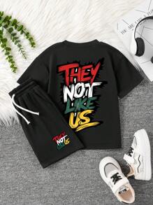 Tween Boy Letter Graphic Print Crew Neck Short Sleeve T-Shirt And Shorts Set