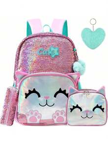 Girls Backpack With Lunch Box & Pencil Case, Sequin Panda School Bag, Pink Cat Pattern, Suitable For Elementary School Students Birthday Gift