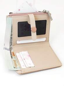 回到学校短款女士学生撞色拼接钱包，柔软 PU 多功能卡包，时尚按扣年轻学生大容量拉链零钱包，轻巧时尚，携带方便，适合作为节日礼物