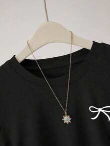 女士休闲修身蝴蝶印花荷叶边纯色套头圆领短袖连衣裙黑色夏季优雅 - 黑色 - 查看 4