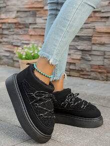 2025 女式黑色新款时尚舒适休闲百搭学院风运动风圆头仿毛加厚保暖防滑厚底系带户外雪地靴，秋冬 - 黑色 - 查看 4