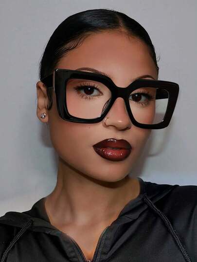 1副女士黑色方形PC框休闲无度数眼镜，简约时尚，适合日常佩戴，女士眼镜配件