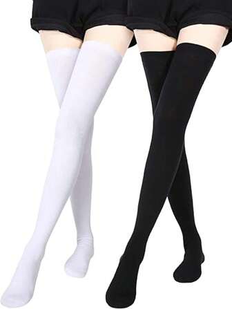 1/2 双女士洛丽塔风格过膝袜 - 黑白大腿过膝袜，中筒弹力支撑袜，时尚舒适，仅可手洗，弹性面料，适合日常休闲穿着