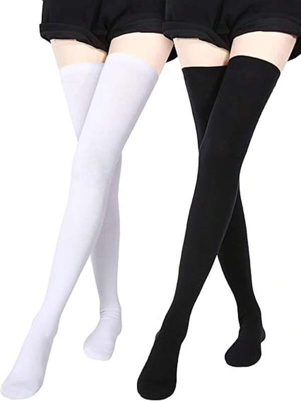 1/2 pares de meias femininas estilo Lolita acima do joelho - meias pretas e brancas acima do joelho, meias com suporte elástico até o meio da panturrilha, elegantes e confortáveis, laváveis apenas à mão, tecido elástico, adequadas para uso casual diário