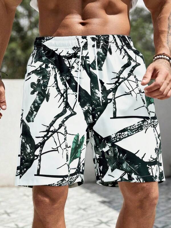 Men's Summer Loose Branch Print Straight Leg Shorts, White, Casual Comfy Versatile Sports Knee Length Shorts