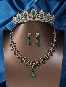 女士头饰和皇冠，头饰耳环项链，水晶新娘首饰套装，适合派对、万圣节、舞会、选美比赛 - 綠色 - 查看 1
