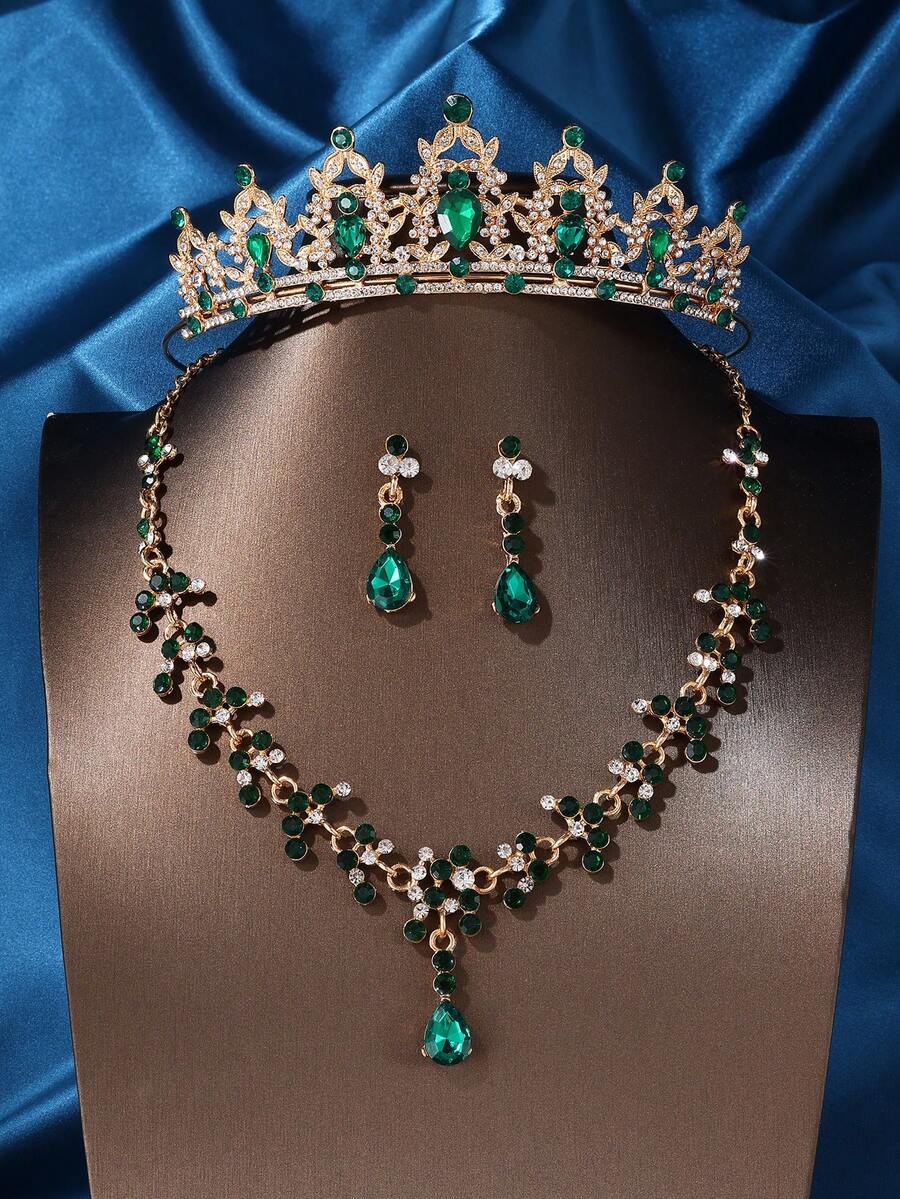 女士头饰和皇冠，头饰耳环项链，水晶新娘首饰套装，适合派对、万圣节、舞会、选美比赛 - 綠色 - 查看 1