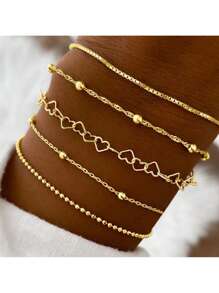 5pcs/Set European And American Popular Bracelets Combo, Women Heart Beaded Chain Personalized Bracelets, Perfect For Self-Wear Or Gift To Friends, Teachers Or Elders Valentines,Mom,Mother,Mother's Day,Gift