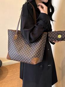 2 件套女士时尚提花托特单肩包和钱包套装，大容量，中年 - 棕色 - 查看 3