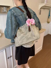 时尚女士手提包 2025 新款设计，小众单肩包，大容量通勤休闲百搭简约时尚斜挎包，纯色 PU 皮革牛仔设计，舒适材质，可拆卸长肩带，多拉链口袋，容量宽敞，秋季托特包 - 卡其色 - 查看 5