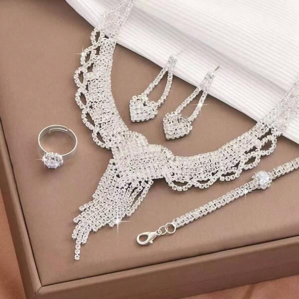 Set de 5 piezas de joyería con diseño de corazón de cristal brillante y borlas para mujeres, incluye pulsera, collar, aretes y anillo, un regalo de moda