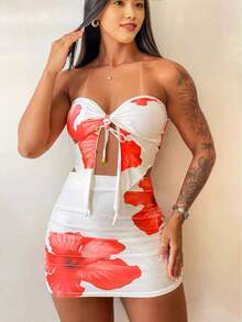 Women's Sexy Hot Girl Print Lace-Up Strapless Tube Top Hip-Wrapped Slim Short Skirt - 紅色 - 查看 1