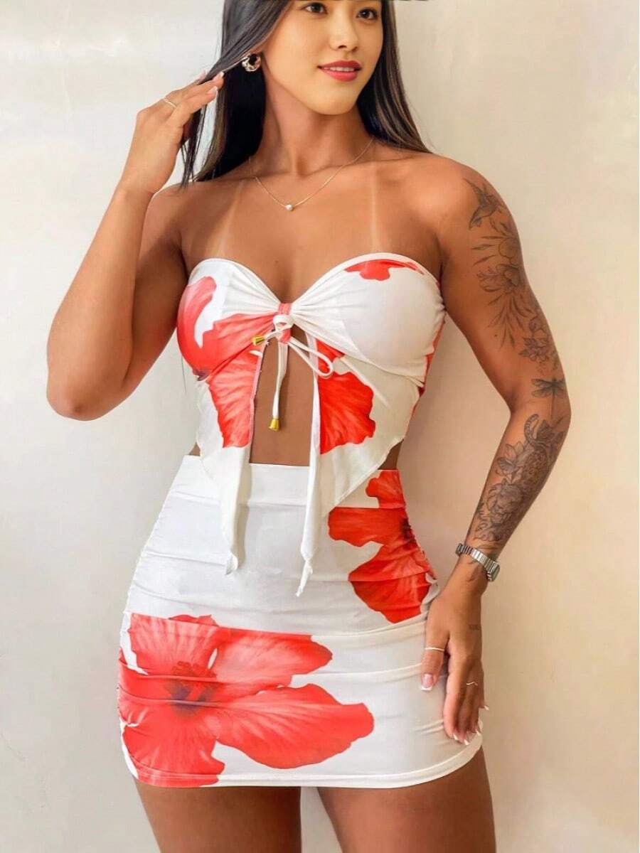 Women's Sexy Hot Girl Print Lace-Up Strapless Tube Top Hip-Wrapped Slim Short Skirt - 紅色 - 查看 1