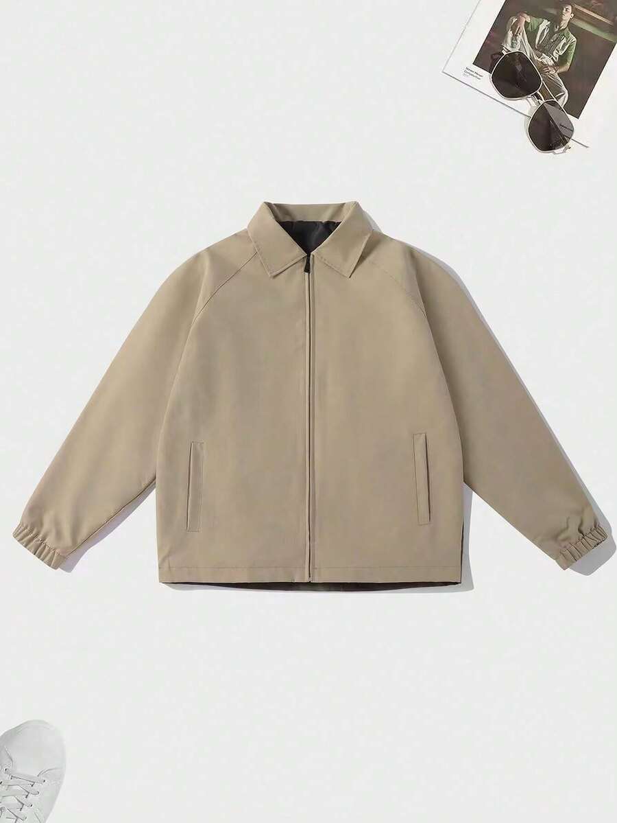 Men's Casual Solid Color Long Sleeve Jacket, Minimalist Style Versatile Jacket, Spring/Autumn - Khaki - View 1