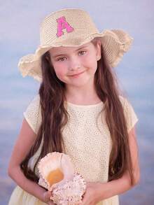 1pc Kids' Customized 26 Letter Straw Hat With Floral Brim, Suitable For Gifting, Daily Outdoor, Picnic, Beach, Vacation Wear - Pink - View 2