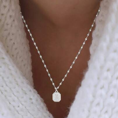 1pc Classic Pave Zirconia Block Initial Pendant Silvery Stainless Steel Lip Chain Necklaces For Women