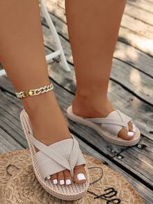 宽楦蝴蝶结时尚凉鞋，防滑沙滩拖鞋，女士大码，适合夏季日常穿着、派对和户外活动。 - 米色 - 查看 3