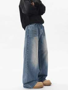 1条男士时尚宽松复古水洗阔腿休闲牛仔裤（不含腰带和配饰） - 水鴨藍 - 查看 3