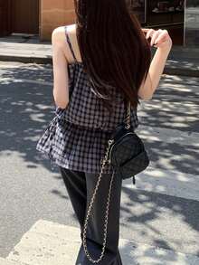 韩版V领复古格纹可调节肩带收腰中长双层吊带连衣裙 夏季优雅 - 藏蓝色 - 查看 9