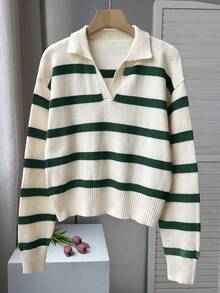 春秋新款POLO领复古条纹撞色长袖针织衫女式宽松半开襟复古风毛衣上衣圣诞新年