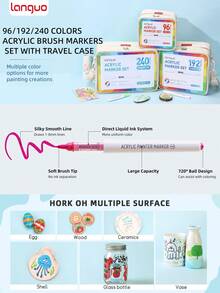 Languo 240/192/96 色专业丙烯马克笔带收纳袋 - 软头笔尖，防水绘图笔，适合学生使用，适合艺术专业绘画、木材、金属、陶瓷、织物、鸡蛋、艺术工艺品和创意项目，圣诞礼物